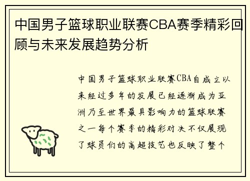 中国男子篮球职业联赛CBA赛季精彩回顾与未来发展趋势分析