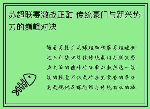 苏超联赛激战正酣 传统豪门与新兴势力的巅峰对决 苏超联赛激战正酣 传统豪门与新兴势力的巅峰对决