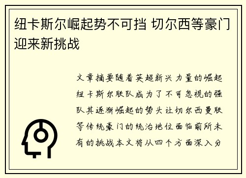 纽卡斯尔崛起势不可挡 切尔西等豪门迎来新挑战