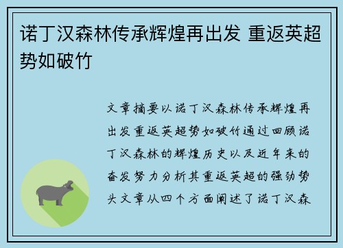 诺丁汉森林传承辉煌再出发 重返英超势如破竹